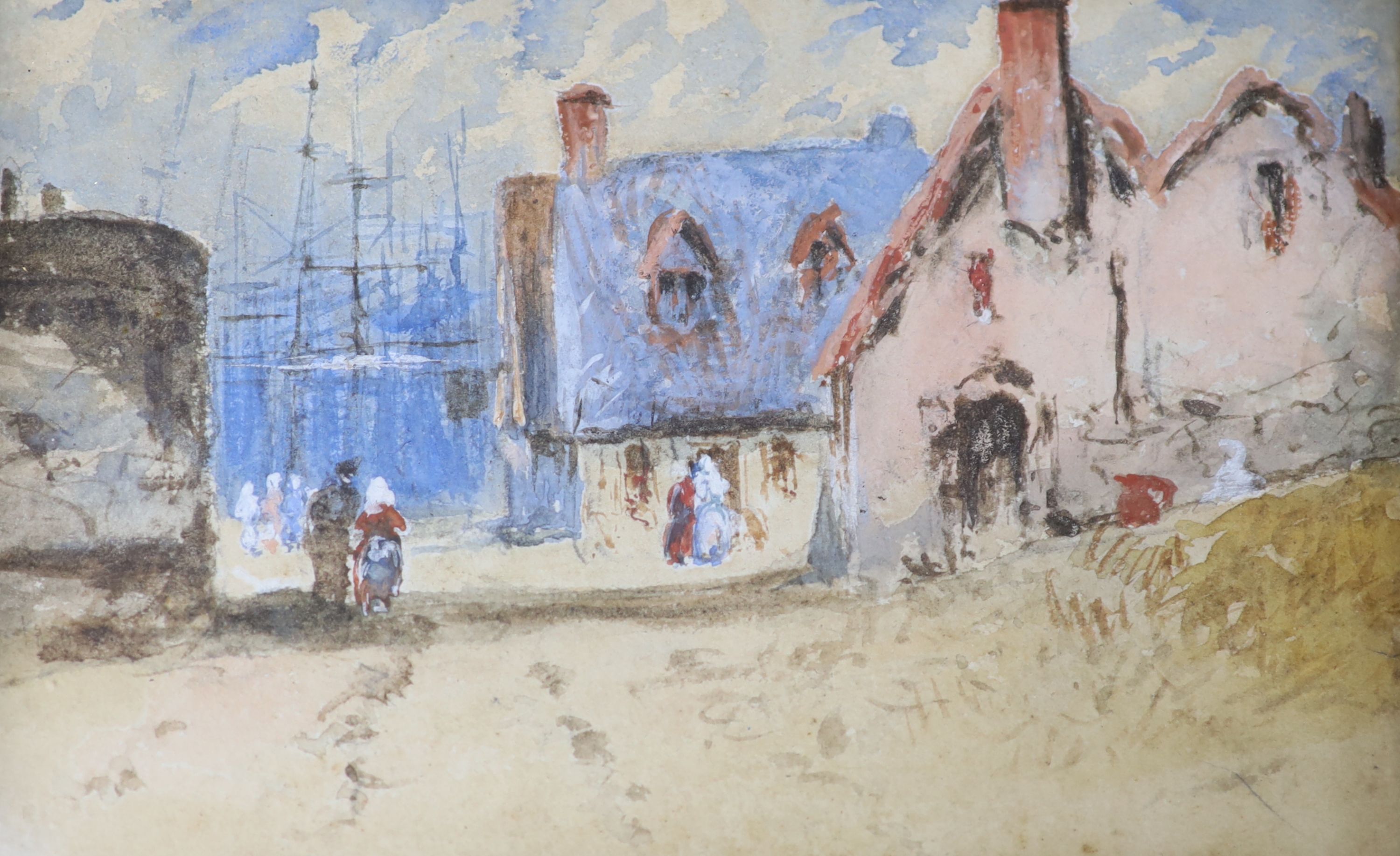 Newylyn School, watercolour, Fishing village with shipping beyond, 10 x 15cm